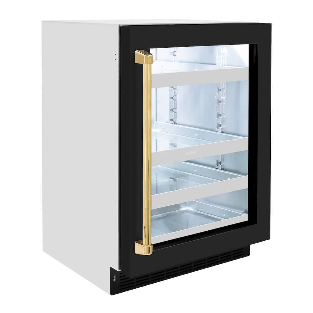 ZLINE Autograph Edition 24 in. Touchstone 151 Can Beverage Fridge With Black Matte Glass Door And Polished Gold Handle (RBSOZ-BLM-24-G) side, closed.