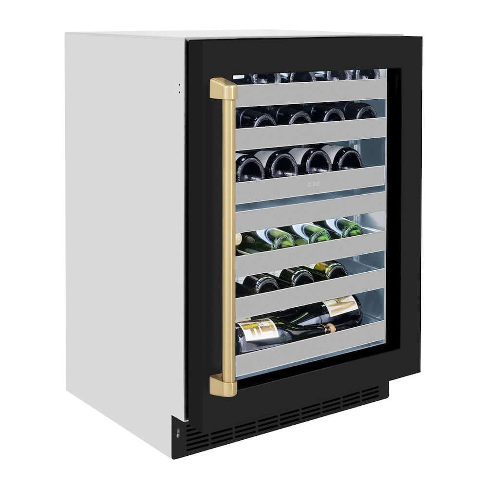 ZLINE Autograph Edition 24 in. Touchstone Dual Zone 44 Bottle Wine Cooler With Black Matte Glass Door And Champagne Bronze Handle (RWDOZ-BLM-24-CB) side, closed.