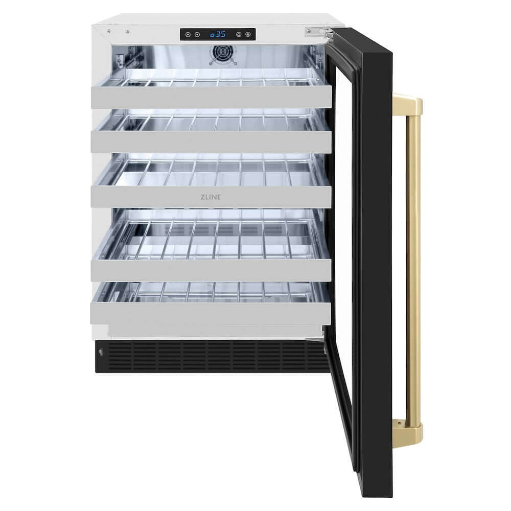 ZLINE Autograph Edition 24 in. Touchstone Dual Zone 44 Bottle Wine Cooler With Black Matte Glass Door And Champagne Bronze Handle (RWDOZ-BLM-24-CB) front, open, empty.