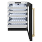 ZLINE Autograph Edition 24 in. Touchstone Dual Zone 44 Bottle Wine Cooler With Black Matte Glass Door And Champagne Bronze Handle (RWDOZ-BLM-24-CB) front, open, empty.