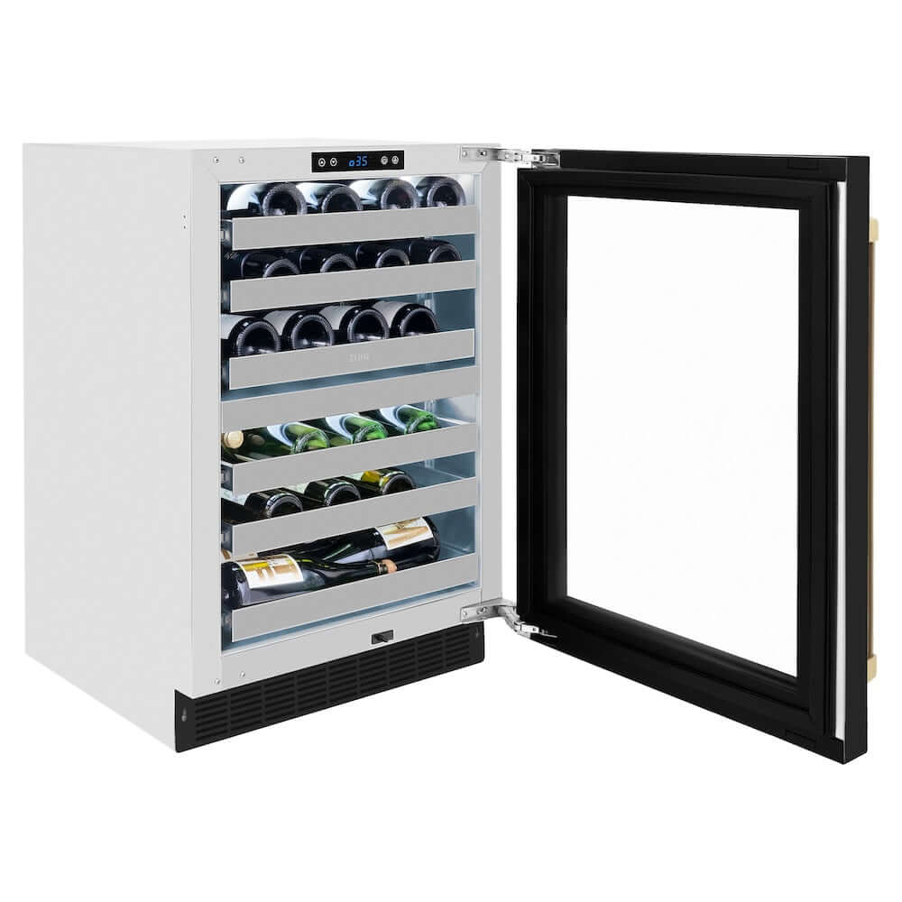 ZLINE Autograph Edition 24 in. Touchstone Dual Zone 44 Bottle Wine Cooler With Black Matte Glass Door And Champagne Bronze Handle (RWDOZ-BLM-24-CB) side, open, with beverages inside.