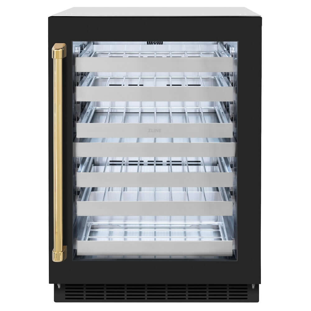 ZLINE Autograph Edition 24 in. Touchstone Dual Zone 44 Bottle Wine Cooler With Black Matte Glass Door And Polished Gold Handle (RWDOZ-BLM-24-G) front, closed.