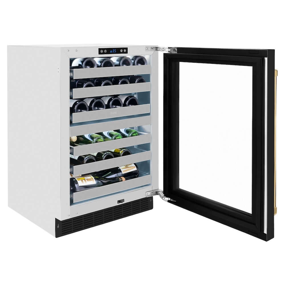 ZLINE Autograph Edition 24 in. Touchstone Dual Zone 44 Bottle Wine Cooler With Black Matte Glass Door And Polished Gold Handle (RWDOZ-BLM-24-G) side, open, with beverages inside.