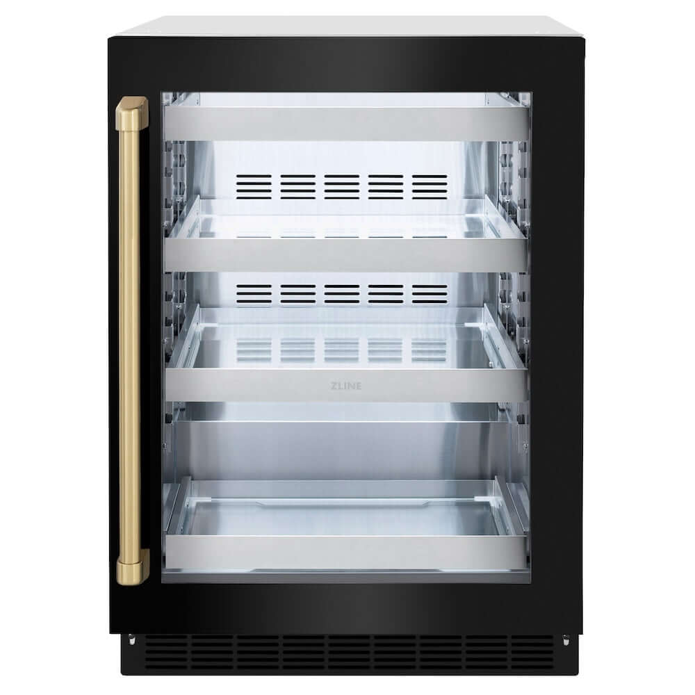 ZLINE Autograph Edition 24 in. Touchstone 151 Can Beverage Fridge With Black Stainless Steel Glass Door And Champagne Bronze Handle (RBSOZ-BS-24-CB) front, closed.