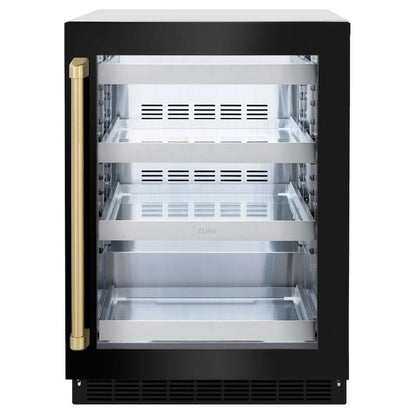ZLINE Autograph Edition 24 in. Touchstone 151 Can Beverage Fridge With Black Stainless Steel Glass Door And Champagne Bronze Handle (RBSOZ-BS-24-CB) front, closed.