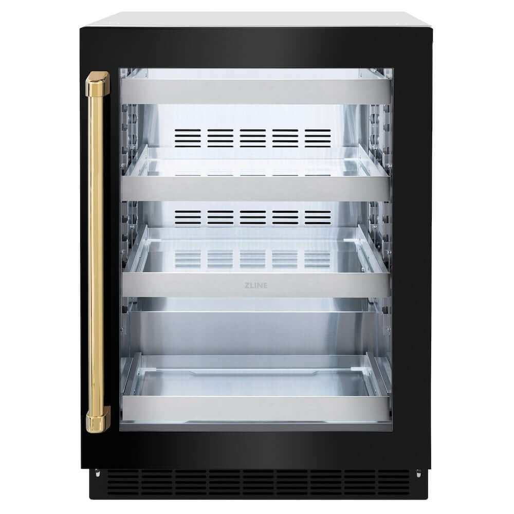ZLINE Autograph Edition 24 in. Touchstone 151 Can Beverage Fridge with Black Stainless Steel Glass Door and Polished Gold Handle (RBSOZ-BS-24-G) main image.
