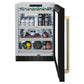 ZLINE Autograph Edition 24 in. Touchstone 151 Can Beverage Fridge with Black Stainless Steel Glass Door and Champagne Bronze Helix Handle (RBSOZ-BS-24-KCB) front, open displaying various food items and drinks.