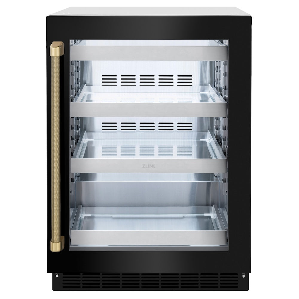 ZLINE Autograph Edition 24 in. Touchstone 151 Can Beverage Fridge with Black Stainless Steel Glass Door and Champagne Bronze Helix Handle (RBSOZ-BS-24-KCB) front.