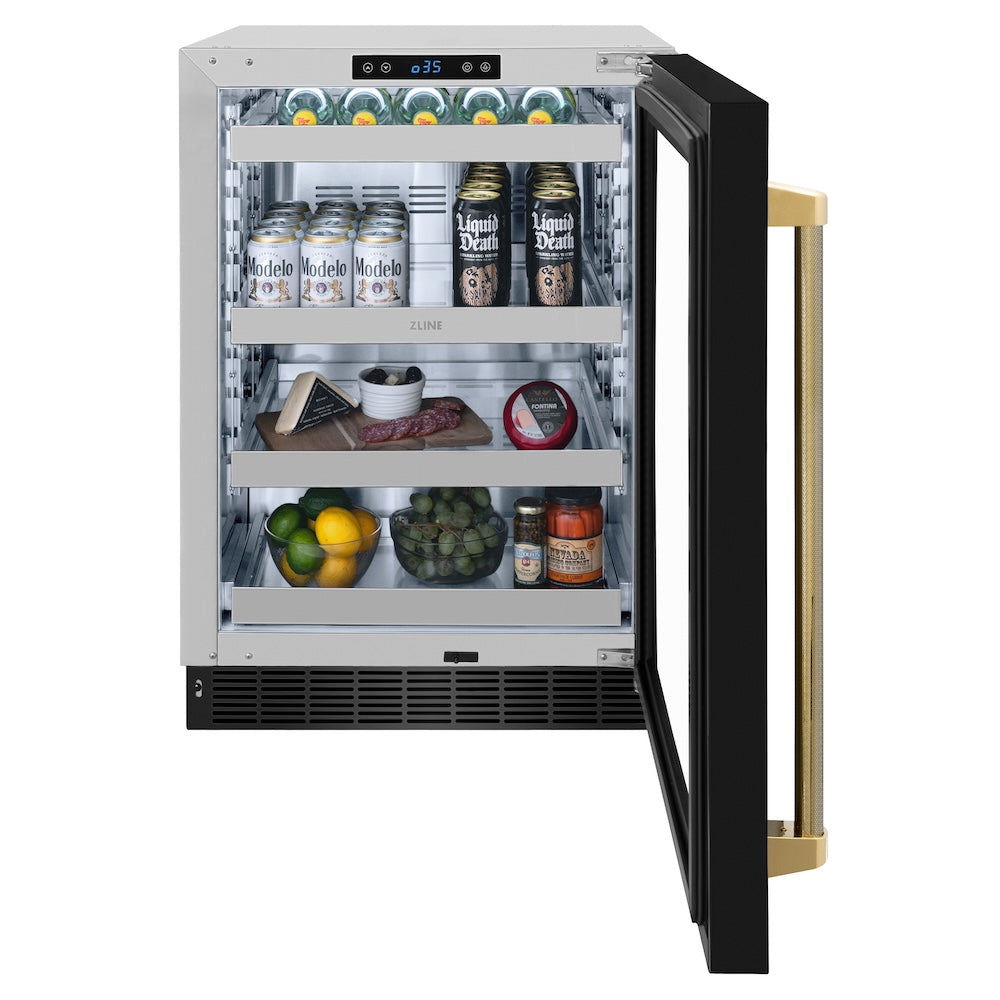 ZLINE Autograph Edition 24 in. Touchstone 151 Can Beverage Fridge with Black Stainless Steel Glass Door and Polished Gold Helix Handle (RBSOZ-BS-24-KG) front, open displaying various food items and drinks.