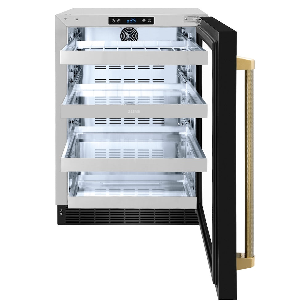 ZLINE Autograph Edition 24 in. Touchstone 151 Can Beverage Fridge with Black Stainless Steel Glass Door and Polished Gold Helix Handle (RBSOZ-BS-24-KG) front, open.