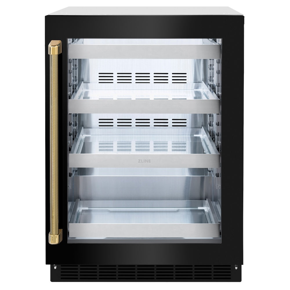 ZLINE Autograph Edition 24 in. Touchstone 151 Can Beverage Fridge with Black Stainless Steel Glass Door and Polished Gold Helix Handle (RBSOZ-BS-24-KG) front.