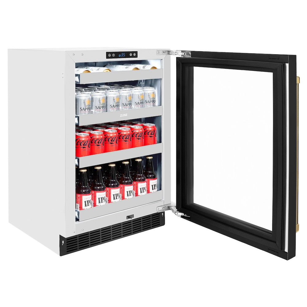 ZLINE Autograph Edition 24 in. Touchstone 151 Can Beverage Fridge with Black Stainless Steel Glass Door and Polished Gold Helix Handle (RBSOZ-BS-24-KG) side, open, displaying various drinks on shelves.