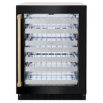 ZLINE Autograph Edition 24 in. Touchstone Dual Zone 44 Bottle Wine Cooler With Black Stainless Steel Glass Door And Polished Gold Handle (RWDOZ-BS-24-G) front, closed.
