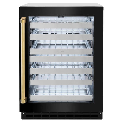 ZLINE Autograph Edition 24 in. Touchstone Dual Zone 44 Bottle Wine Cooler With Black Stainless Steel Glass Door And Polished Gold Handle (RWDOZ-BS-24-G) front, closed.