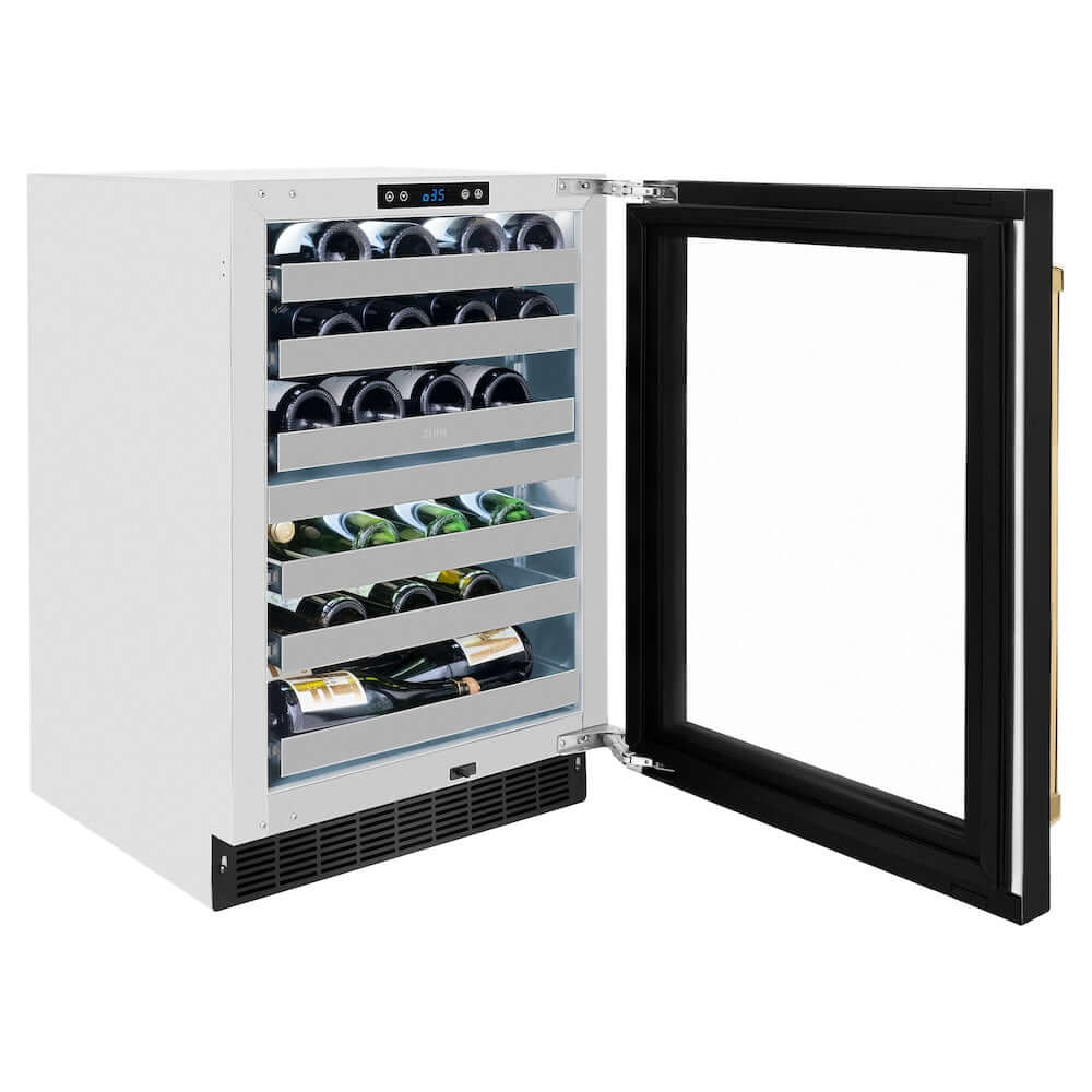 ZLINE Autograph Edition 24 in. Touchstone Dual Zone 44 Bottle Wine Cooler With Black Stainless Steel Glass Door And Polished Gold Handle (RWDOZ-BS-24-G)