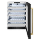 ZLINE Autograph Edition 24 in. Touchstone Dual Zone 44 Bottle Wine Cooler with Black Stainless Steel Glass Door and Champagne Bronze Helix Handle (RWDOZ-BS-24-KCB) front, open.