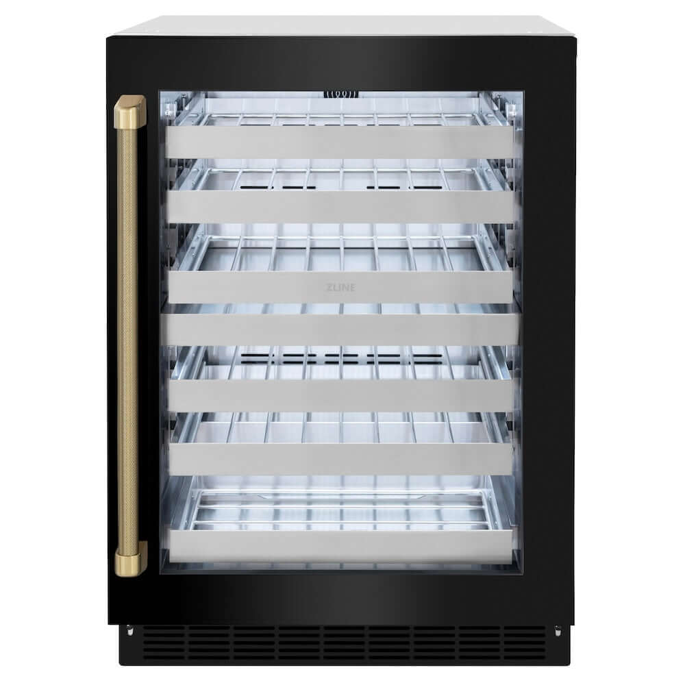 ZLINE Autograph Edition 24 in. Touchstone Dual Zone 44 Bottle Wine Cooler with Black Stainless Steel Glass Door and Champagne Bronze Helix Handle (RWDOZ-BS-24-KCB) front.
