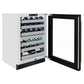 ZLINE Autograph Edition 24 in. Touchstone Dual Zone 44 Bottle Wine Cooler with Black Stainless Steel Glass Door and Champagne Bronze Helix Handle (RWDOZ-BS-24-KCB) side, open, with various wine varietals on racks inside.