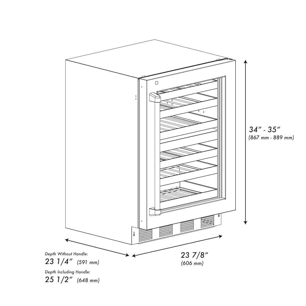 ZLINE Autograph Edition 24 in. Touchstone Dual Zone 44 Bottle Wine Cooler with Black Stainless Steel Glass Door and Polished Gold Helix Handle (RWDOZ-BS-24-KG) dimensional diagram.