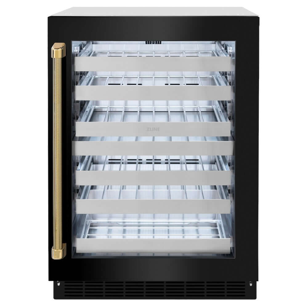 ZLINE Autograph Edition 24 in. Touchstone Dual Zone 44 Bottle Wine Cooler with Black Stainless Steel Glass Door and Polished Gold Helix Handle (RWDOZ-BS-24-KG) front.