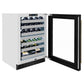 ZLINE Autograph Edition 24 in. Touchstone Dual Zone 44 Bottle Wine Cooler with Black Stainless Steel Glass Door and Polished Gold Helix Handle (RWDOZ-BS-24-KG) side, open, with various wine varietals on racks inside.