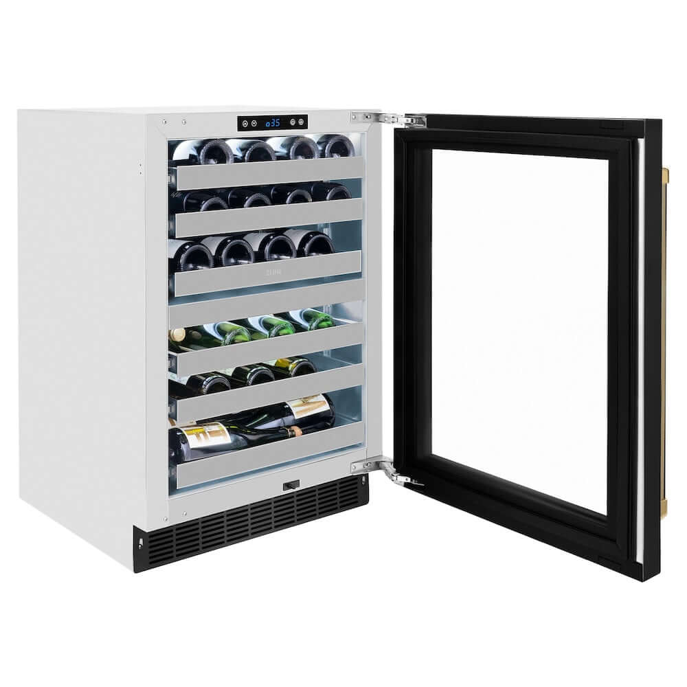 ZLINE Autograph Edition 24 in. Touchstone Dual Zone 44 Bottle Wine Cooler with Black Stainless Steel Glass Door and Polished Gold Helix Handle (RWDOZ-BS-24-KG) side, open, with various wine varietals on racks inside.
