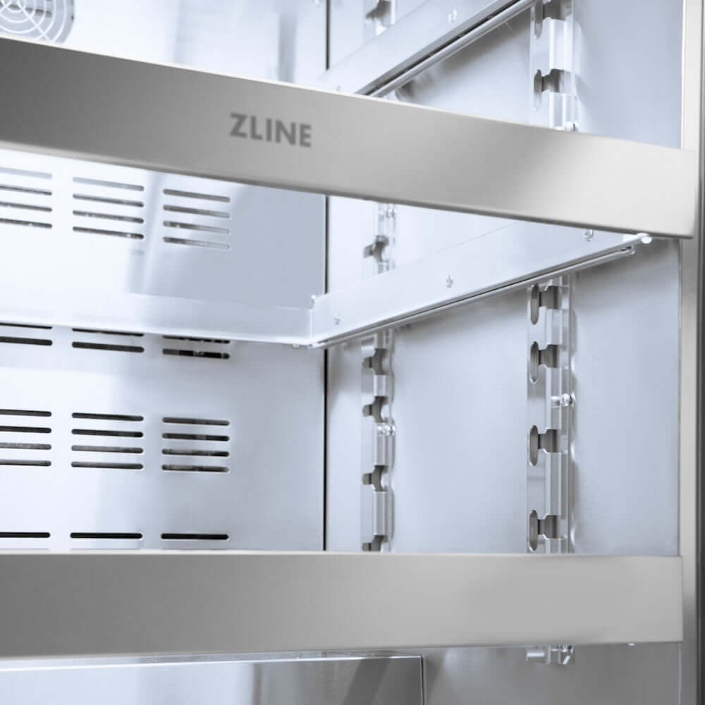 ZLINE Autograph Edition 24 in. Touchstone 151 Can Beverage Fridge With DuraSnow® Stainless Steel Glass Door And Champagne Bronze Handle (RBSOZ-SN-24-CB) close-up detail, adjustable glide shelves.