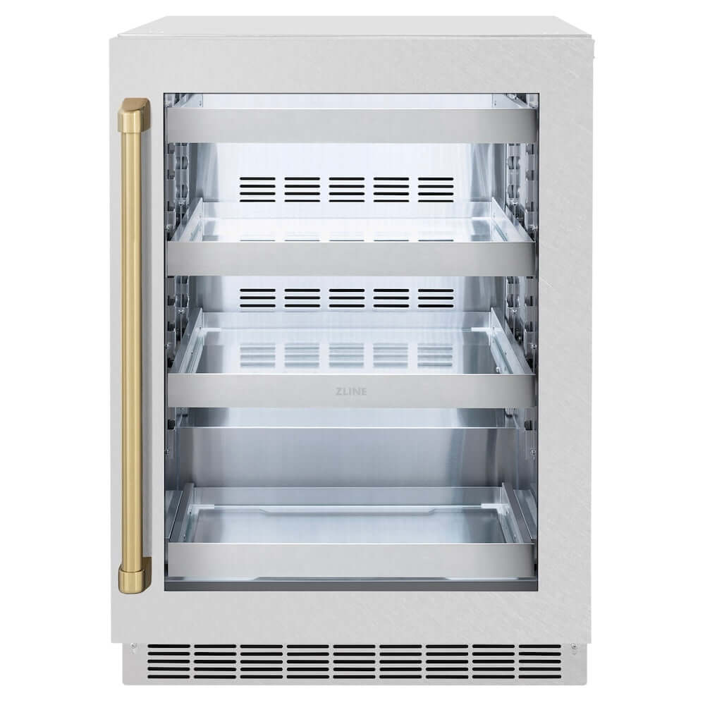 ZLINE Autograph Edition 24 in. Touchstone 151 Can Beverage Fridge With DuraSnow® Stainless Steel Glass Door And Champagne Bronze Handle (RBSOZ-SN-24-CB) front, closed.