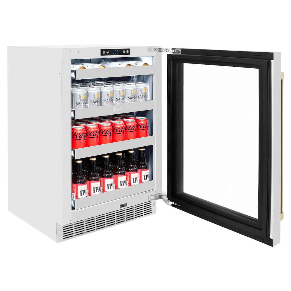 ZLINE Autograph Edition 24 in. Touchstone 151 Can Beverage Fridge With DuraSnow® Stainless Steel Glass Door And Champagne Bronze Handle (RBSOZ-SN-24-CB) side, open, with beverages inside.