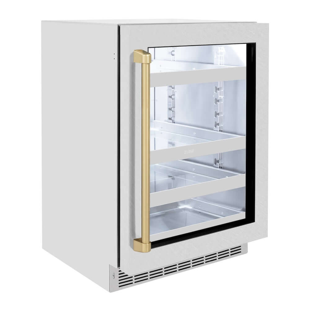 ZLINE Autograph Edition 24 in. Touchstone 151 Can Beverage Fridge With DuraSnow® Stainless Steel Glass Door And Champagne Bronze Handle (RBSOZ-SN-24-CB) side, closed.