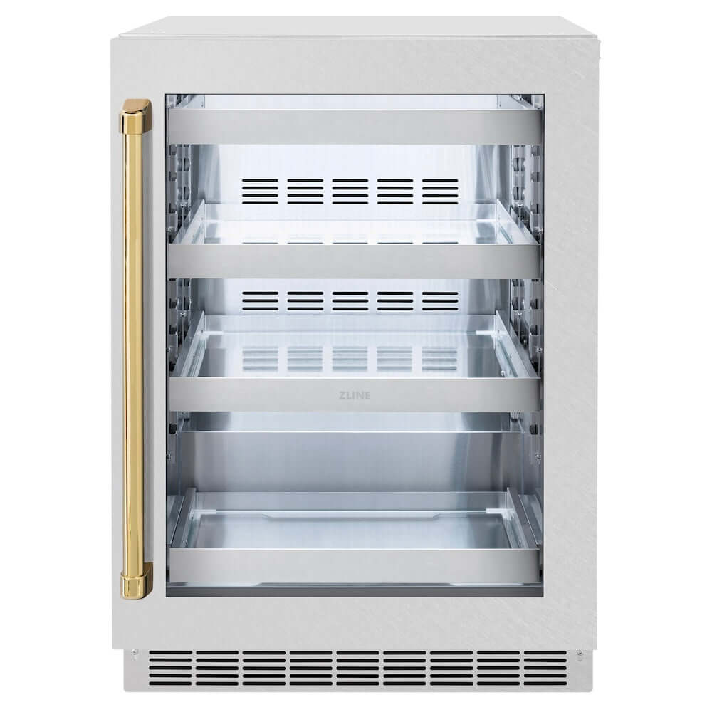 ZLINE Autograph Edition 24 in. Touchstone 151 Can Beverage Fridge With DuraSnow® Stainless Steel Glass Door And Polished Gold Handle (RBSOZ-SN-24-G) front, closed.