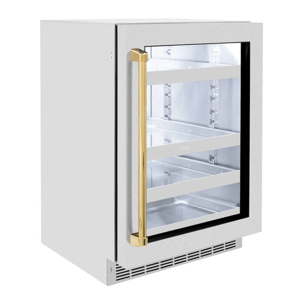 ZLINE Autograph Edition 24 in. Touchstone 151 Can Beverage Fridge With DuraSnow® Stainless Steel Glass Door And Polished Gold Handle (RBSOZ-SN-24-G) side, closed.