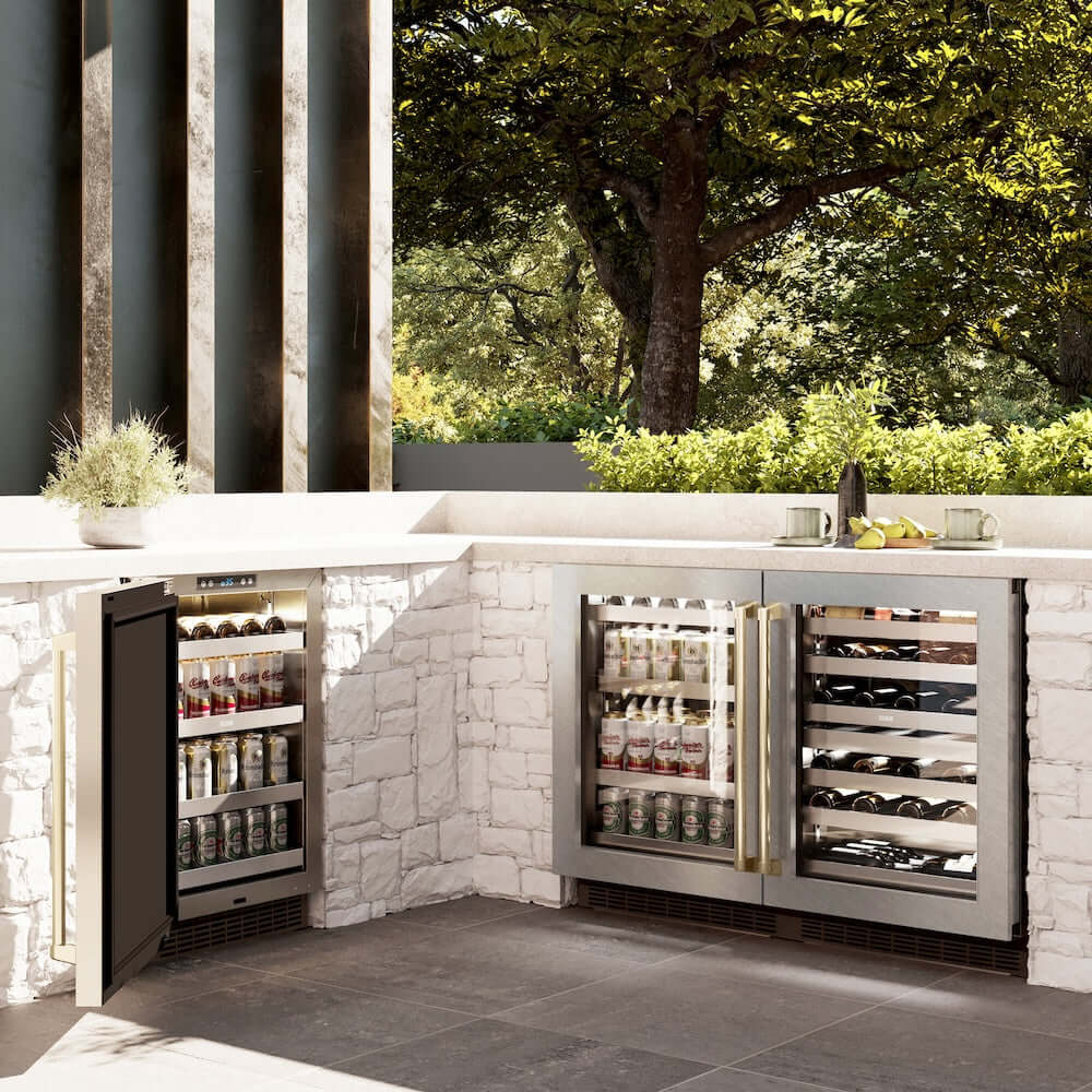 ZLINE Autograph Edition 24 in. Touchstone Dual Zone 44 Bottle Wine Cooler With DuraSnow® Stainless Steel Glass Door And Champagne Bronze Handle (RWDOZ-SN-24-CB) in a luxury outdoor kitchen, side.