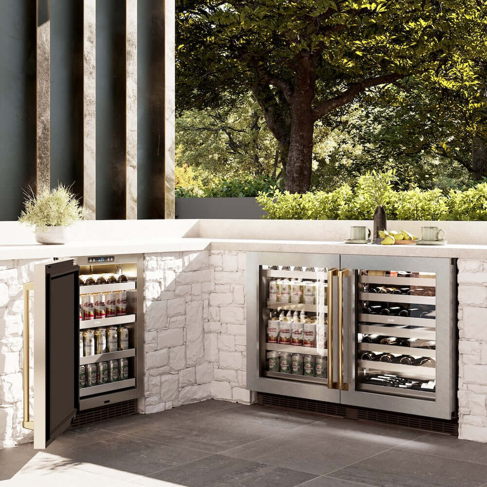 ZLINE Autograph Edition 24 in. Touchstone Dual Zone 44 Bottle Wine Cooler With DuraSnow® Stainless Steel Glass Door And Polished Gold Handle (RWDOZ-SN-24-G) in a luxury outdoor kitchen, side.