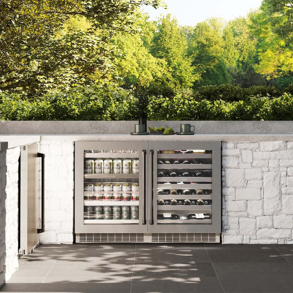 ZLINE Autograph Edition 24 in. Touchstone Dual Zone 44 Bottle Wine Cooler With DuraSnow® Stainless Steel Glass Door And Matte Black Handle (RWDOZ-SN-24-MB) in a luxury outdoor kitchen, front.