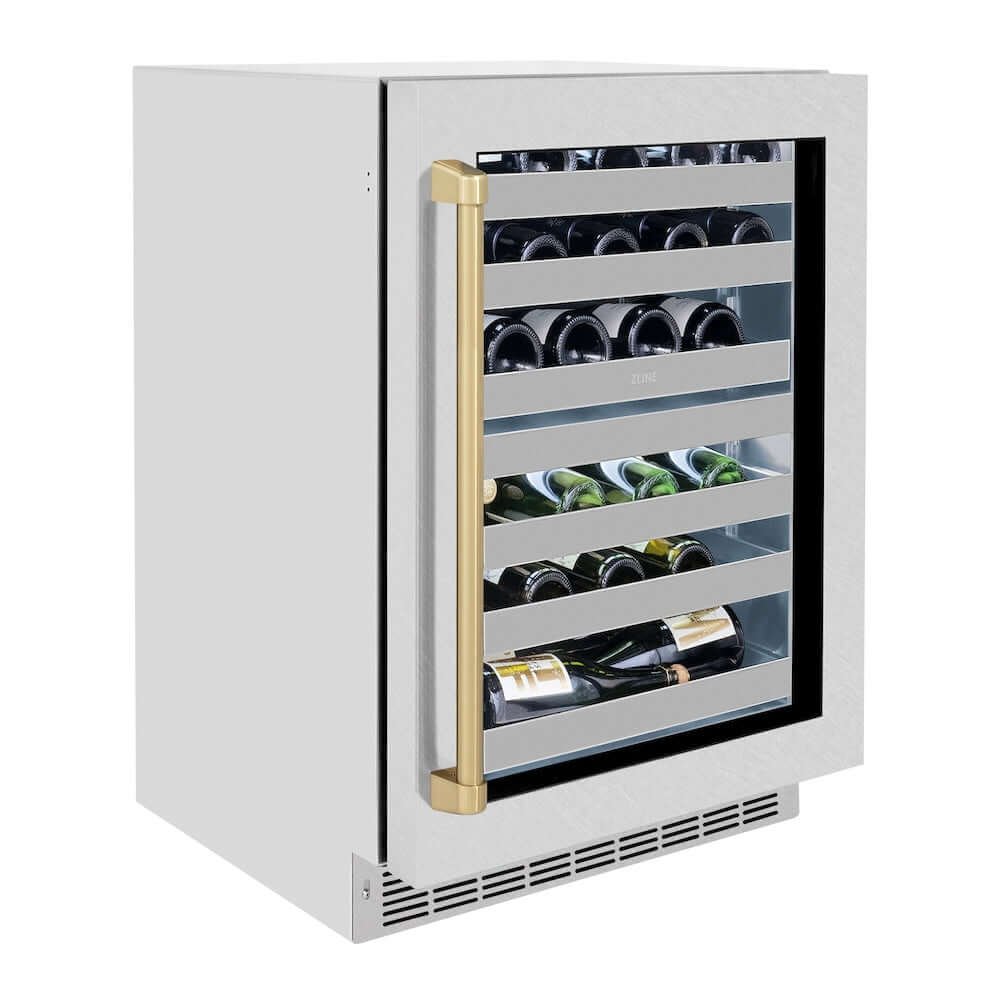 ZLINE Autograph Edition 24 in. Touchstone Dual Zone 44 Bottle Wine Cooler With DuraSnow® Stainless Steel Glass Door And Champagne Bronze Handle (RWDOZ-SN-24-CB) side, closed.