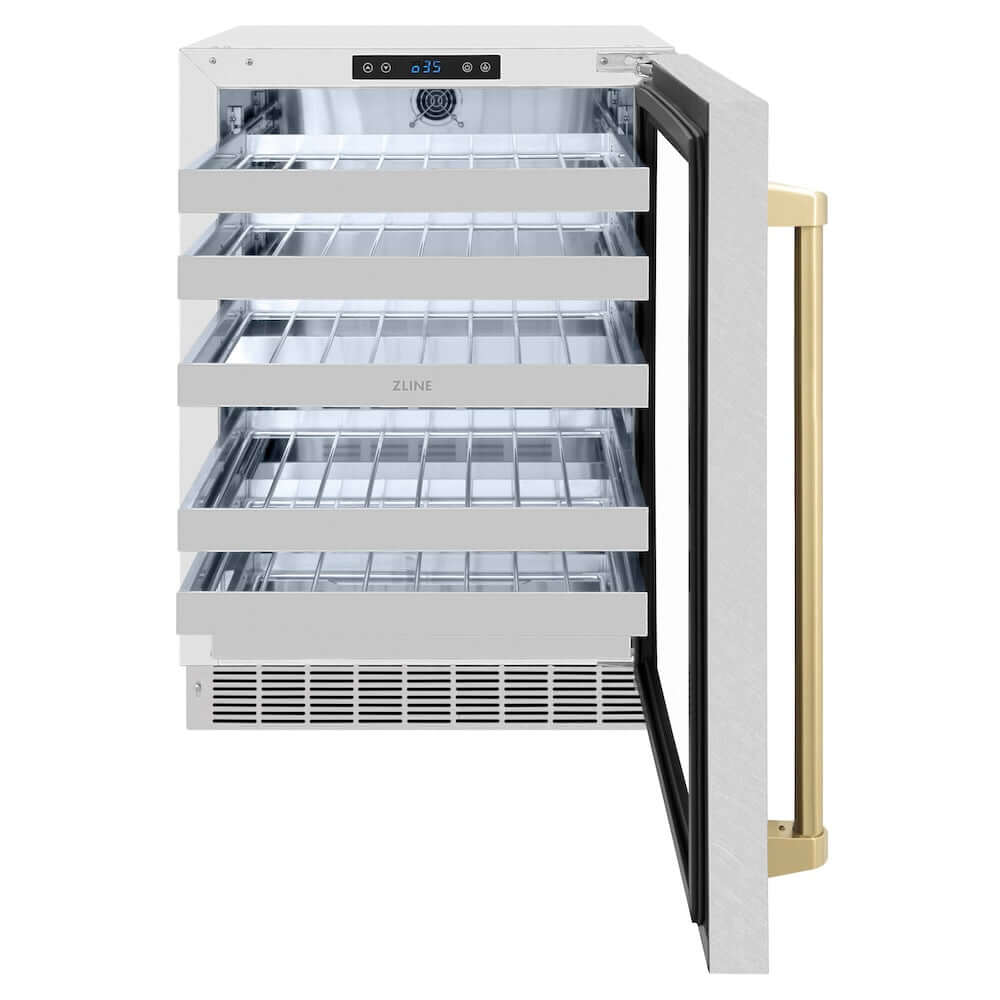 ZLINE Autograph Edition 24 in. Touchstone Dual Zone 44 Bottle Wine Cooler With DuraSnow® Stainless Steel Glass Door And Champagne Bronze Handle (RWDOZ-SN-24-CB) front, open, empty.