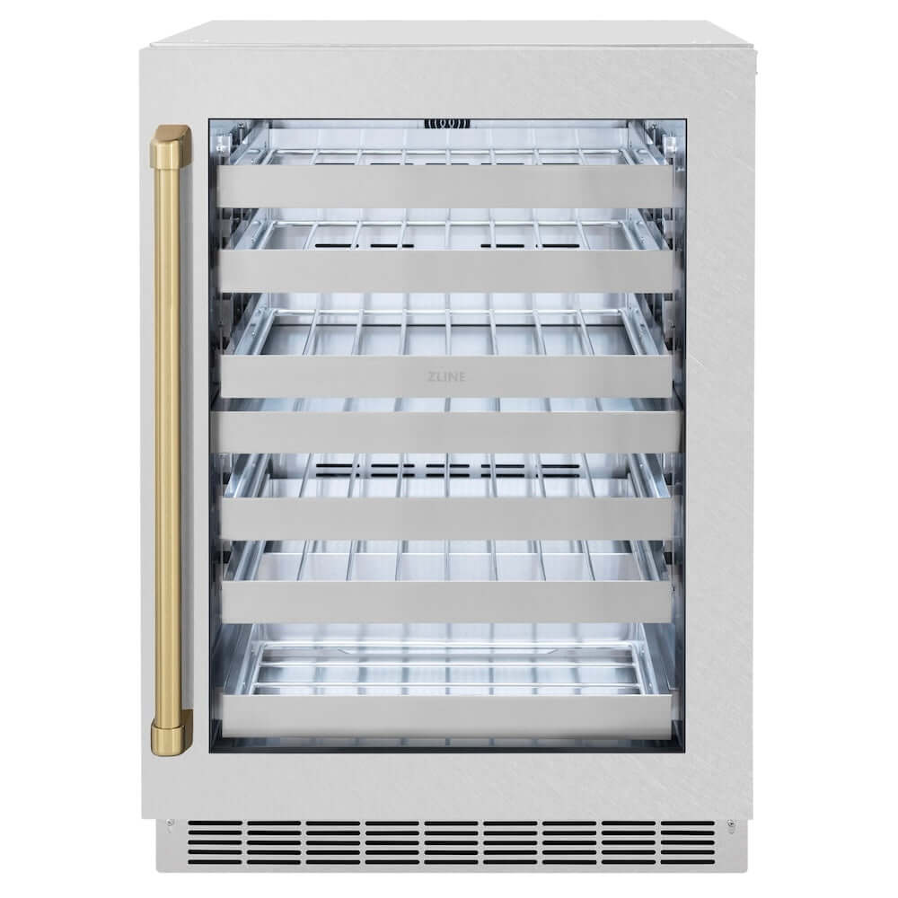 ZLINE Autograph Edition 24 in. Touchstone Dual Zone 44 Bottle Wine Cooler With DuraSnow® Stainless Steel Glass Door And Champagne Bronze Handle (RWDOZ-SN-24-CB) front, closed.