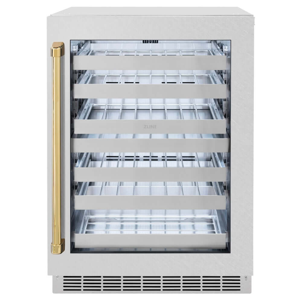 ZLINE Autograph Edition 24 in. Touchstone Dual Zone 44 Bottle Wine Cooler With DuraSnow® Stainless Steel Glass Door And Polished Gold Handle (RWDOZ-SN-24-G) front, closed.