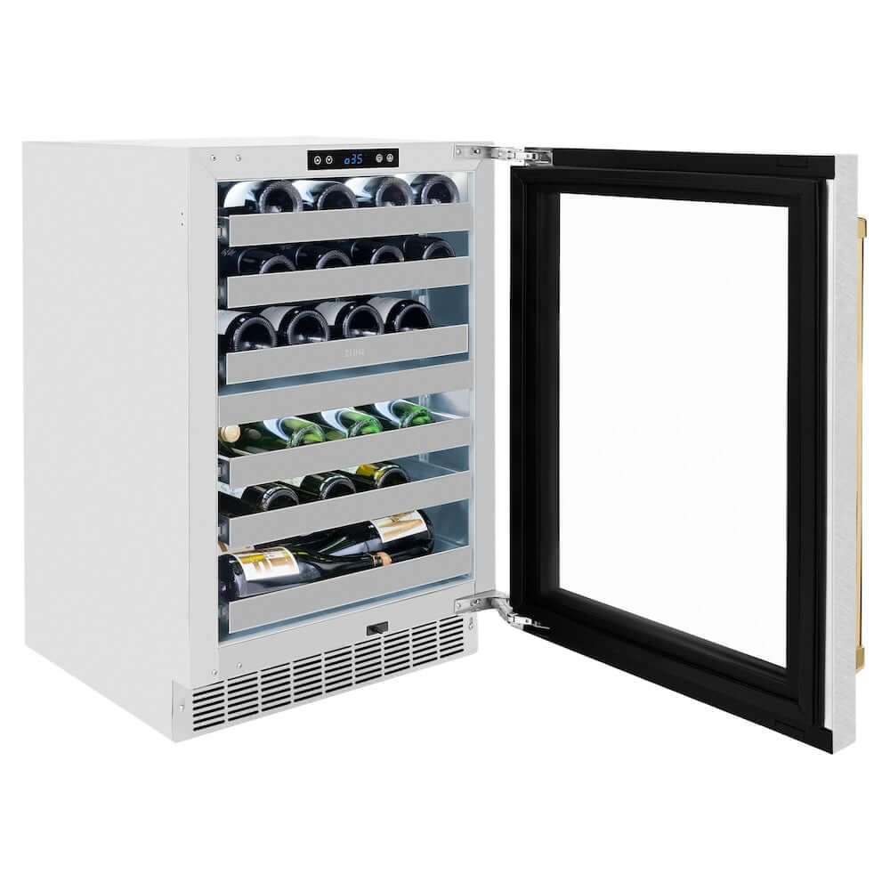 ZLINE Autograph Edition 24 in. Touchstone Dual Zone 44 Bottle Wine Cooler With DuraSnow® Stainless Steel Glass Door And Polished Gold Handle (RWDOZ-SN-24-G) side, open, with beverages inside.