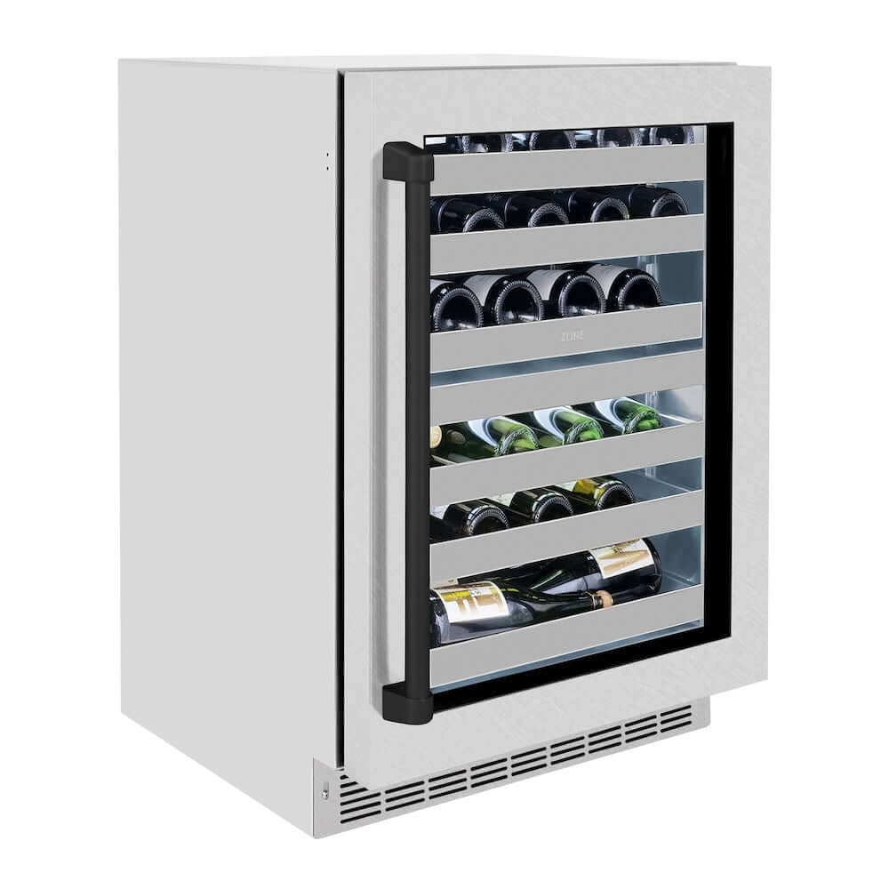 ZLINE Autograph Edition 24 in. Touchstone Dual Zone 44 Bottle Wine Cooler With DuraSnow® Stainless Steel Glass Door And Matte Black Handle (RWDOZ-SN-24-MB) side, closed.