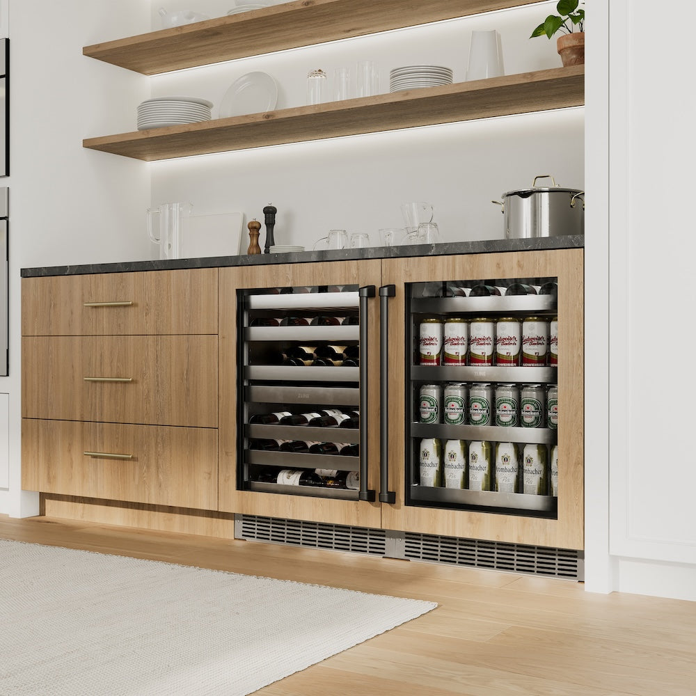 ZLINE Autograph Edition 24 in. Touchstone 151 Can Beverage Fridge With Panel Ready Glass Door And Matte Black Handle (RBSPOZ-24-MB) in a luxury kitchen.