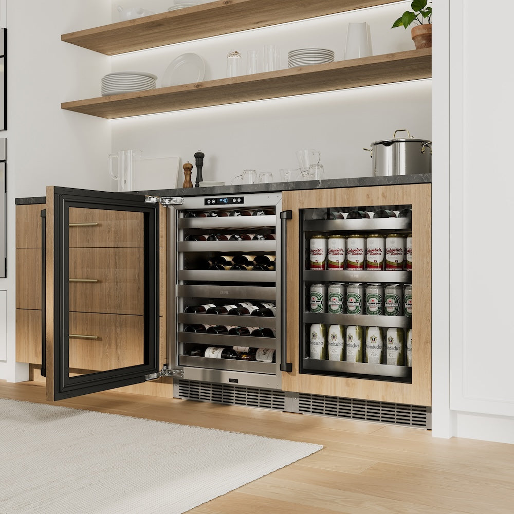ZLINE Autograph Edition 24 in. Touchstone 151 Can Beverage Fridge With Panel Ready Glass Door And Matte Black Handle (RBSPOZ-24-MB) in a luxury kitchen.