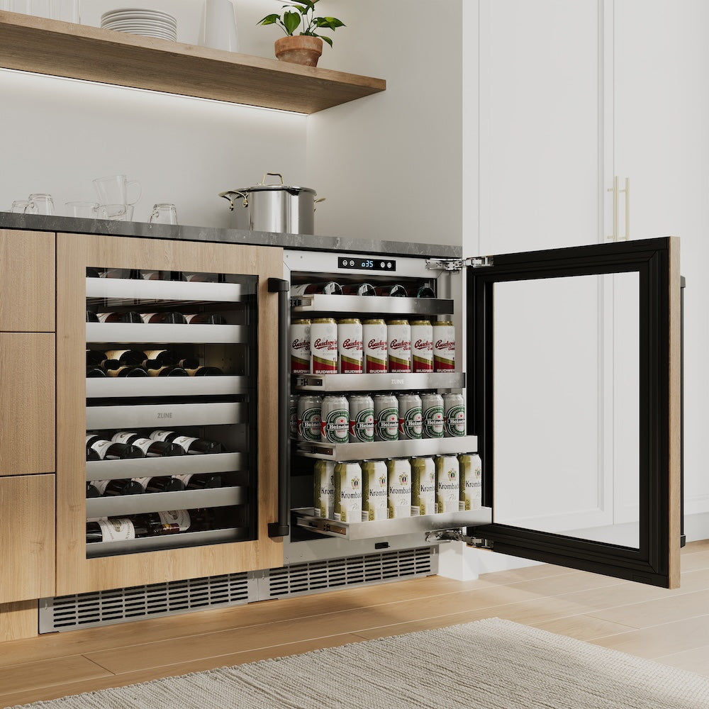 ZLINE Autograph Edition 24 in. Touchstone 151 Can Beverage Fridge With Panel Ready Glass Door And Matte Black Handle (RBSPOZ-24-MB) in a luxury kitchen.