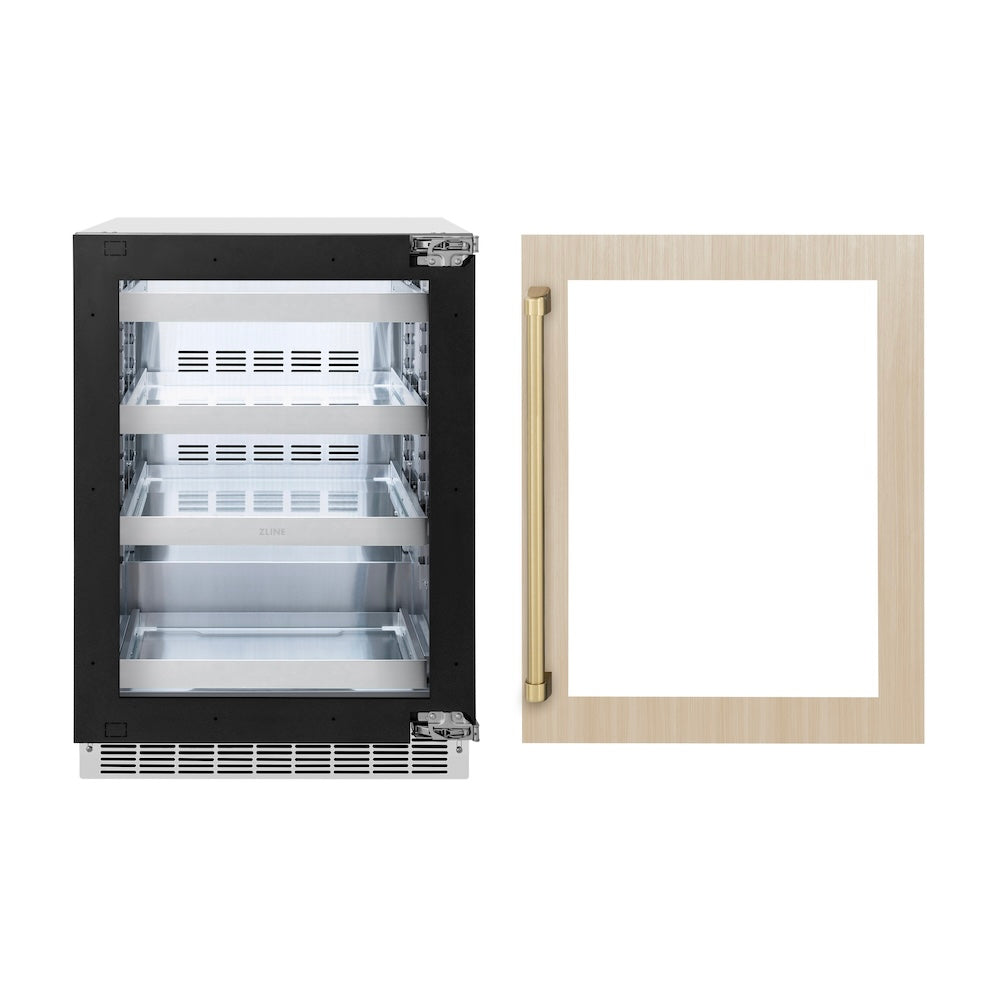 ZLINE Autograph Edition 24 in. Touchstone 151 Can Beverage Fridge With Panel Ready Glass Door And Champagne Bronze Handle (RBSPOZ-24-CB) front, refrigeration unit next to custom panel with Autograph Edition handle.