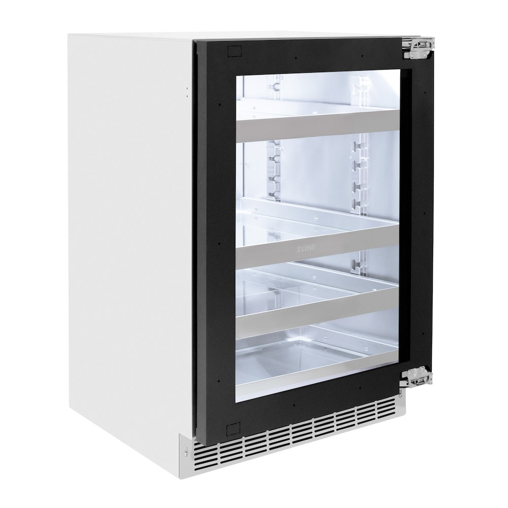 ZLINE Autograph Edition 24 in. Touchstone 151 Can Beverage Fridge With Panel Ready Glass Door And Champagne Bronze Handle (RBSPOZ-24-CB) side, closed.