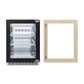 ZLINE Autograph Edition 24 in. Touchstone 151 Can Beverage Fridge With Panel Ready Glass Door And Polished Gold Handle (RBSPOZ-24-G) front, refrigeration unit next to custom panel with Autograph Edition handle.