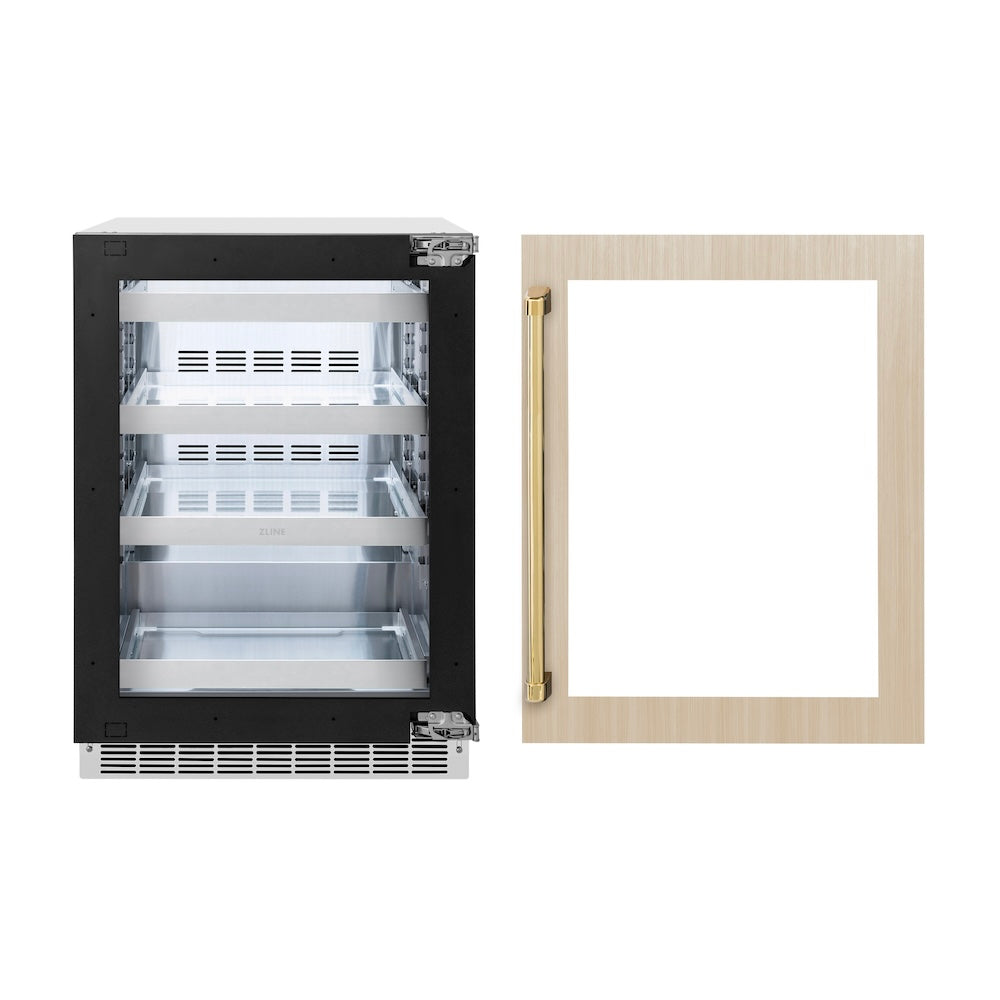 ZLINE Autograph Edition 24 in. Touchstone 151 Can Beverage Fridge With Panel Ready Glass Door And Polished Gold Handle (RBSPOZ-24-G) front, refrigeration unit next to custom panel with Autograph Edition handle.