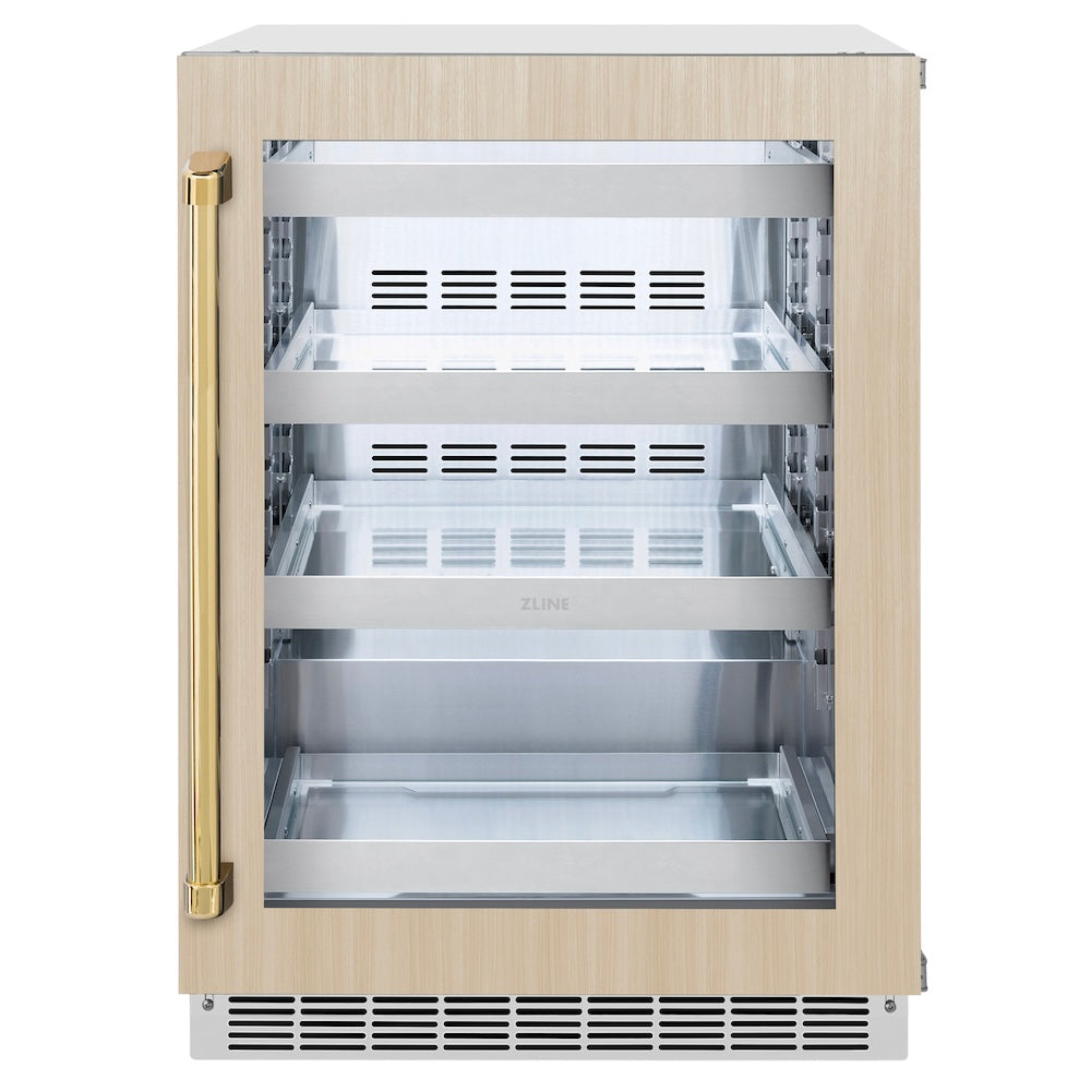 ZLINE Autograph Edition 24 in. Touchstone 151 Can Beverage Fridge with Panel Ready Glass Door and Polished Gold Handle (RBSPOZ-24-G) main image.