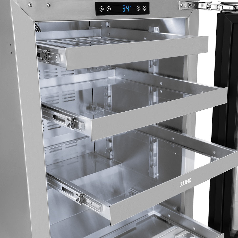 ZLINE Autograph Edition 24 in. Touchstone 151 Can Beverage Fridge With Panel Ready Glass Door And Matte Black Handle (RBSPOZ-24-MB) close-up, detail.